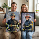 Lámina en lienzo enmarcada personalizada con foto de un bombero al estilo de pintura al óleo, con nombre, para decorar el hogar. Envío desde EE. UU. Regalo de cumpleaños para un familiar bombero.