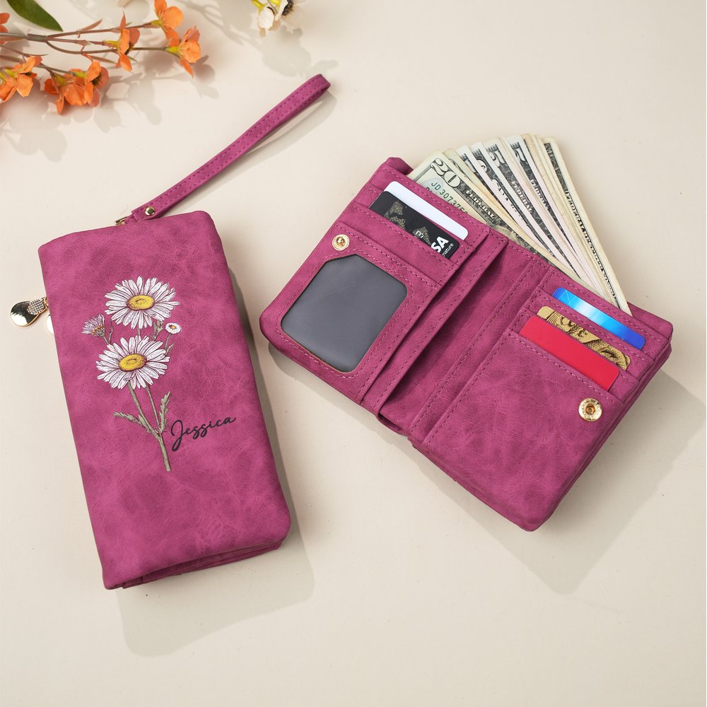 Cartera personalizada de cuero PU con flores de nacimiento y nombre con soporte para tarjetas regalo de cumpleaños y aniversario para mujeres 4
