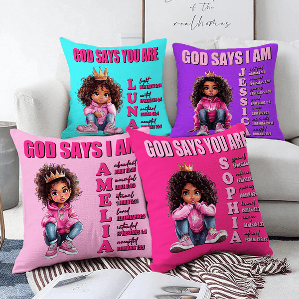 Personalized Cartoon Black Girl Bible Verse Name Soft Throw Pillow Cover Home Decor Religious Birthday Gift for Girls