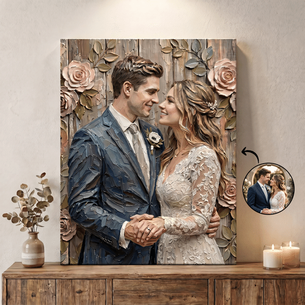 Personalized Oil Painting Style Photo Canvas Prints with Text Modern Living Room Decor Wedding Birthday Gift for Couples Newlyweds