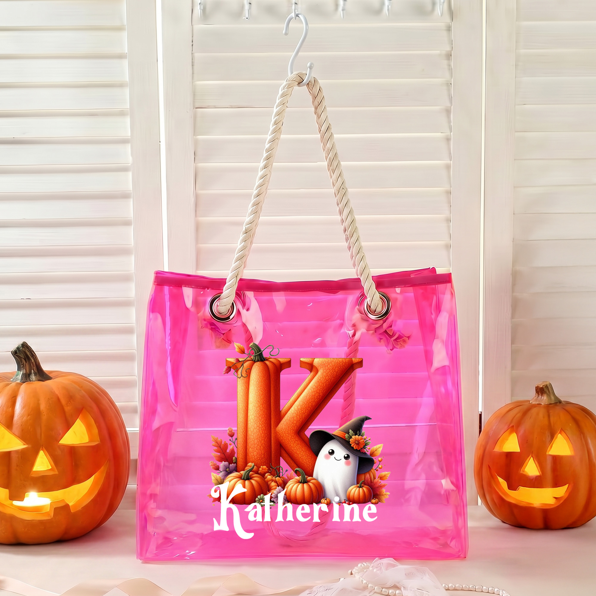 Personalisierte, holografische, transparente Halloween-Tragetasche mit Geister-Kürbis-Motiv und Namensaufdruck – „Trick or Treat“-Party-Accessoires – Halloween-Geschenk für Kinder