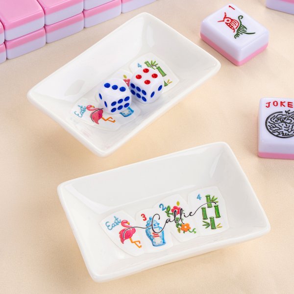 Personalized Chinese-Style Floral Ceramic Mahjong Dice Dish with Name Mahjong Game Night Family Gathering Gift for Mahjong Lovers