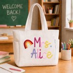 Personalised Rainbow Floral Teacher Themed Corduroy Tote Bag with Text Daily Use Teacher's Day Gift for Teachers Educators