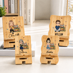 Personalized Cartoon Character Bamboo Wooden Phone Stand iPad Holder with Name Desk Decor Birthday Gift for Students Friends Reading Lovers