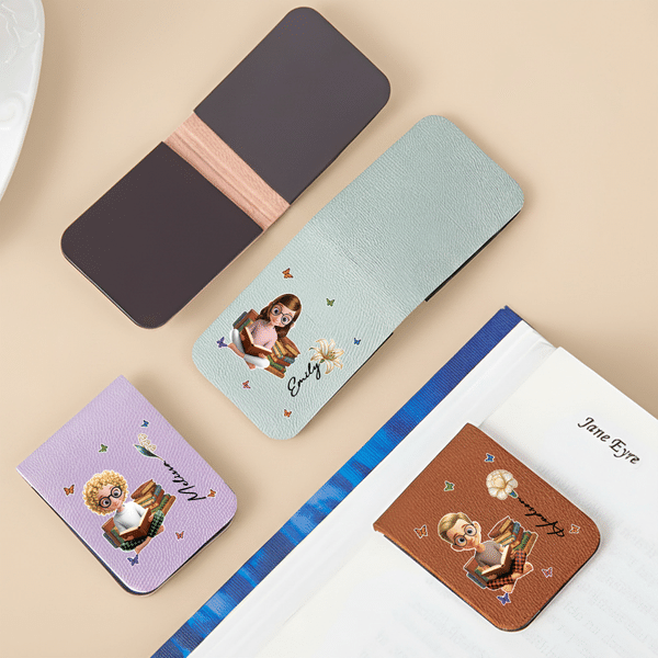 Personalized Butterfly Birth Flower Cartoon Character Magnetic PU Leather Bookmark Clip with Name Daily Reading Accessory Birthday Gift for Bookworm