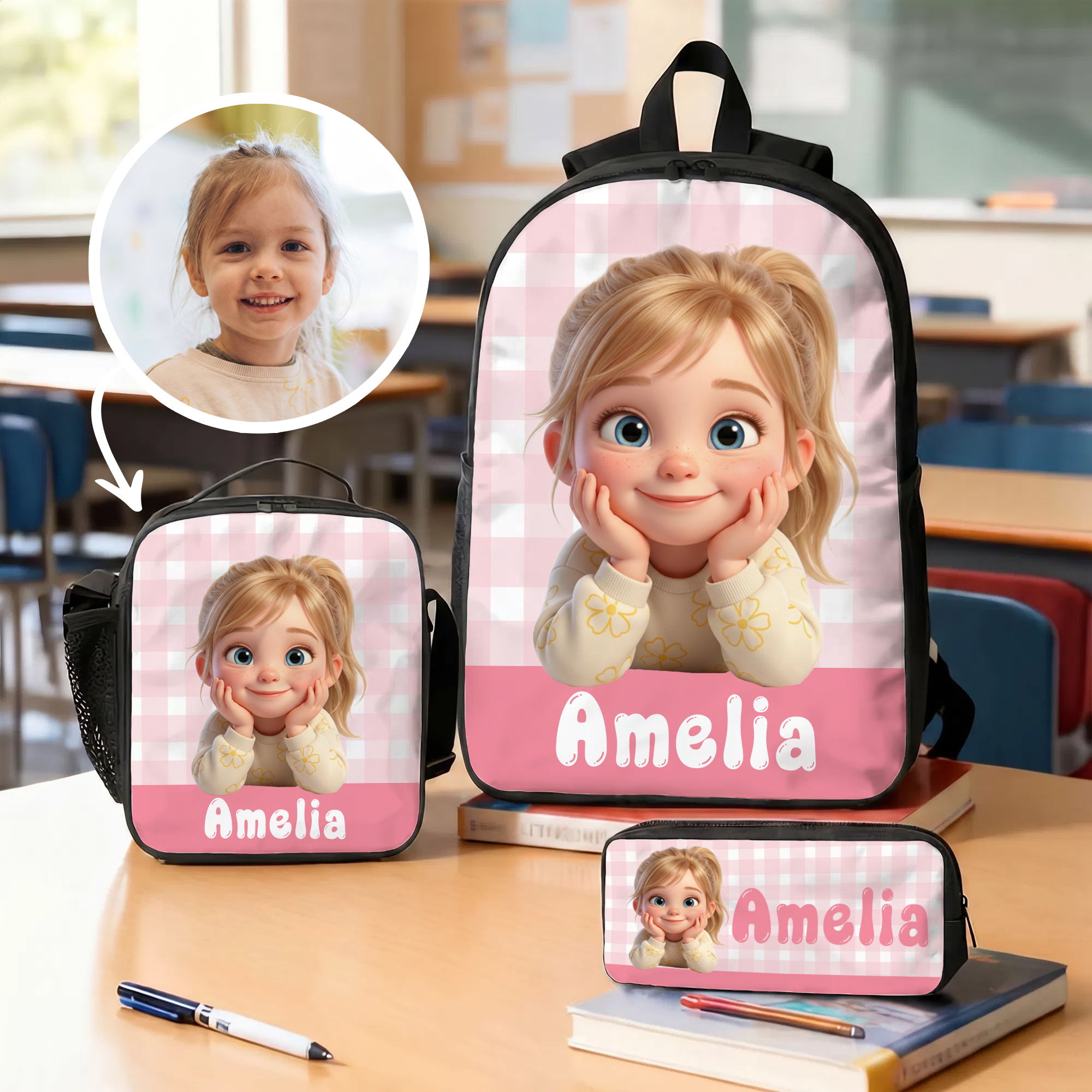 Individuell gestaltetes, farbenfrohes Set aus Rucksack, Lunchbox und Federmäppchen mit Modemotiven und Comicfiguren sowie Namensaufdruck – Schulanfangs- und Geburtstagsgeschenk für Kinder, Jungen und