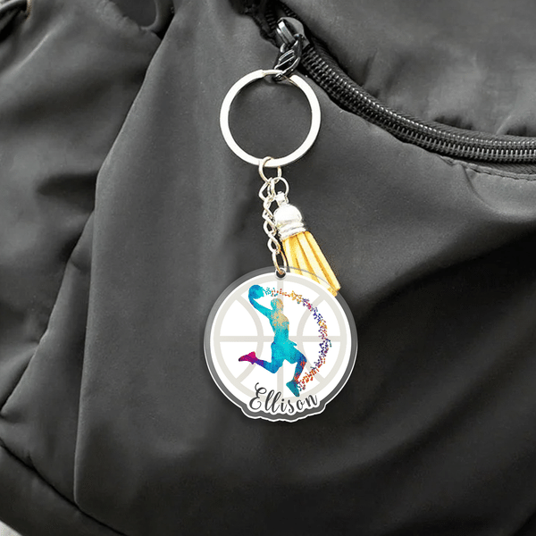 Personalised Rainbow Splash Sports Silhouette Acrylic Keychain with Name and Tassel Team Birthday Gift for Teenagers Players