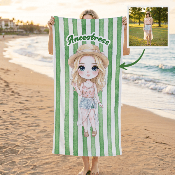 Personlig strandhandduk i överdimensionerat format med akvarellmönster och snabbtorkande material – perfekt som present till familj och vänner inför sommarsemestern, resan eller födelsedagen