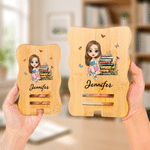 Personalized Cartoon Character Bamboo Wooden Phone Stand iPad Holder with Name Desk Decor Birthday Gift for Students Friends Reading Lovers