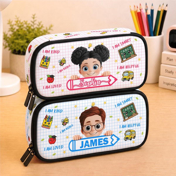Personalized I Am Kind Brave Smart Cartoon Boy Girl Grid Pencil Case Pouch with Name Back to School Affirmation Gift for Kids