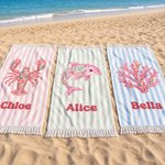 Telo da mare personalizzato in microfibra con motivi floreali e fauna marina in stile folk art, con nome e sacchetto con coulisse: regalo di compleanno o per le vacanze estive per bambini e donne