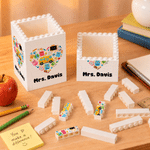 Personalised Cute Book Heart School Theme Building Blocks Brick Pen Holder with Name Desk Decor Back to School Birthday Gift for Kid Student Teacher