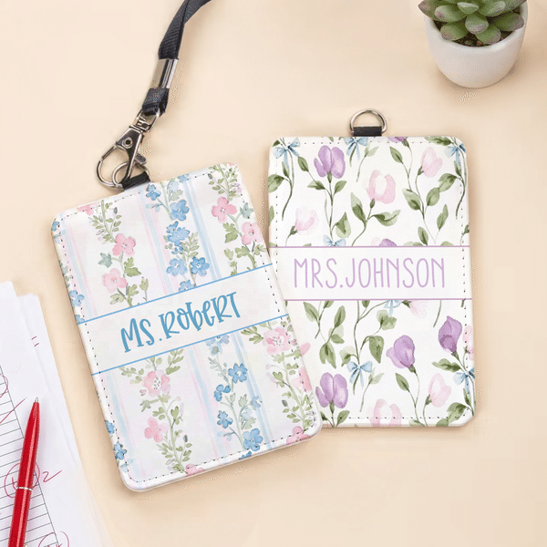 Personalized Floral Teacher ID Card PU Leather Badge Holder with Text Teacher's Day Back to School Gift for Teacher