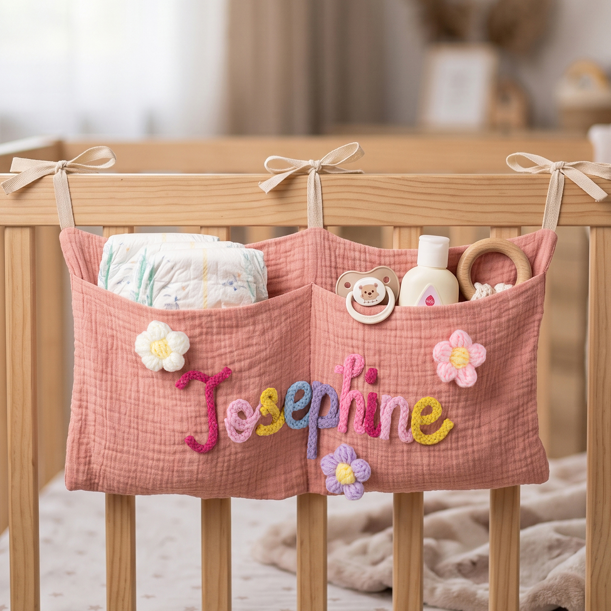 Individuell gestaltete Aufbewahrungstasche aus 100 % Baumwolle für das Babybett, zum Aufhängen, zur Aufbewahrung, als Tasche für den Rücksitz im Auto, als Deko für das Kinderzimmer – Geschenk zur Baby