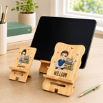 Personalized Cartoon Character Bamboo Wooden Phone Stand iPad Holder with Name Desk Decor Birthday Gift for Students Friends Reading Lovers