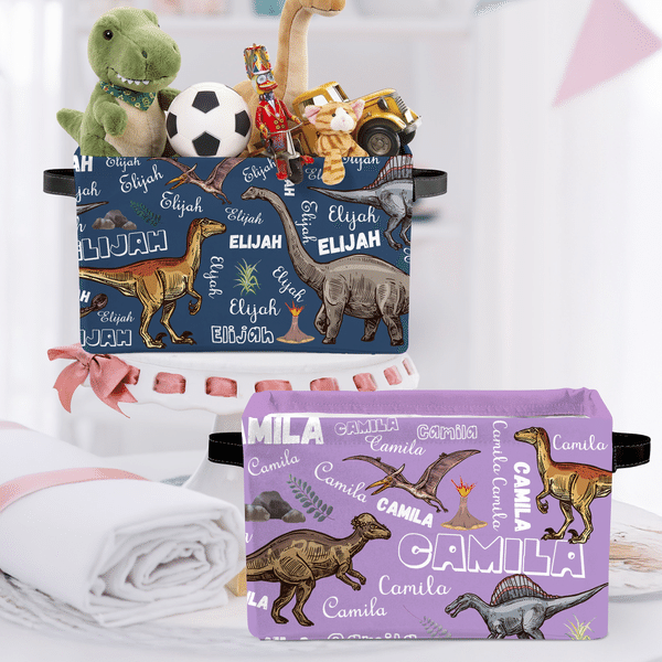 Personalised Multicolour Dinosaur Pattern Storage Basket with Name Daily Use Nursery Decor Birthday Gift for Dinosaur Lovers Kids