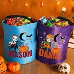 Spersonalizowana torba w kształcie dyni z motywem postaci z kreskówek i oświetleniem LED z imieniem – prezent na imprezę halloweenową „Cukierek albo psikus” dla dzieci – chłopców i dziewczynek
