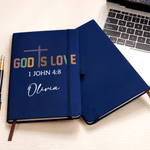 Personalised Cross God Is Love Be the Light Bible Verse A5 PU Leather Notebook with Name Religious Baptism Birthday Gift for Christian