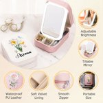 Personalised Birth Flower PU Leather Jewellery Box with Name and LED Light Makeup Mirror Daily Use Travel Birthday Anniversary Gift for Women