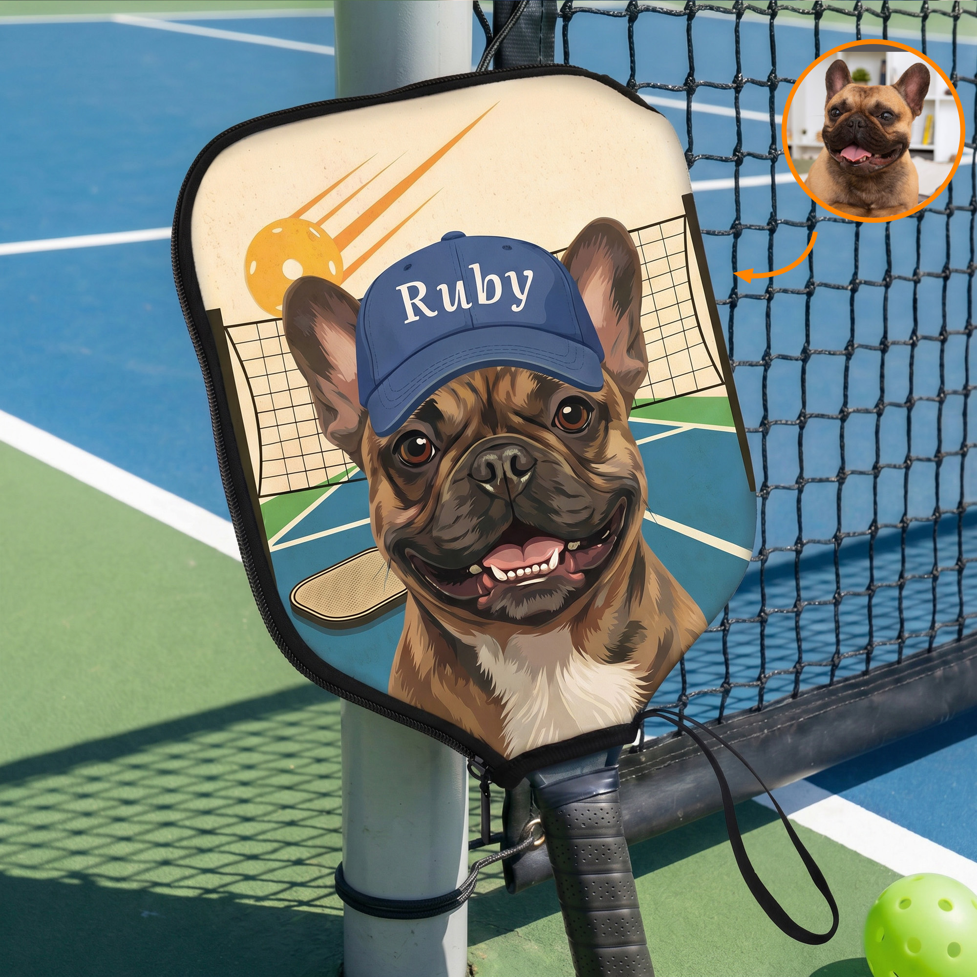 Individuell gestaltetes Haustierporträt – niedliche Pickleball-Schlägerhülle mit Namen – Geschenk für Spieltage und Partys für Pickleball-Fans, Spieler und Haustierbesitzer
