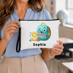 Personalized Pencil Teacher Theme Linen Makeup Bag with Name Initial and Wrist Strap Teacher's Day Back to School Gift for Teacher