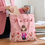 Personalised Cartoon Teacher Character Birth Flower Canvas Tote Bag with Title and Surname Back to School Teacher's Day Appreciation Gift for Teacher