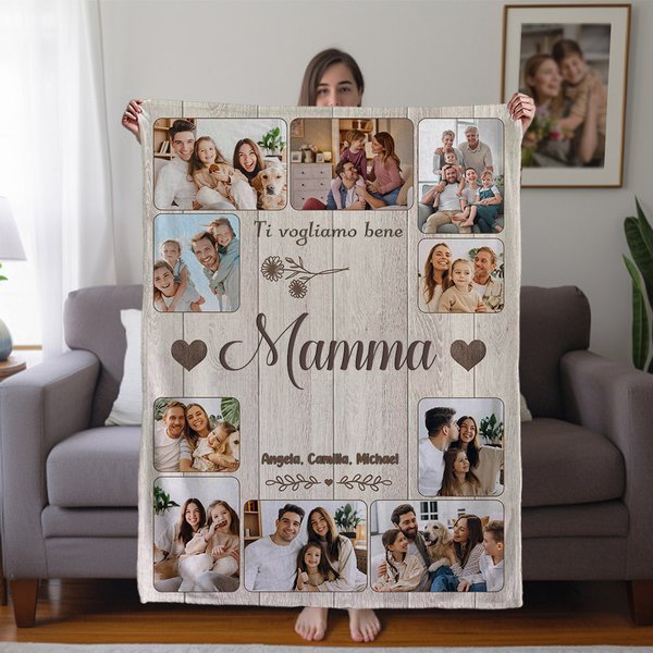 Coperta personalizzata con 10 foto di famiglia e 1-8 nomi, morbida decorazione per la casa - Regalo per festa della mamma, papà e compleanni