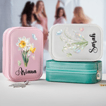 Personalised Birth Flower PU Leather Jewellery Box with Name and LED Light Makeup Mirror Daily Use Travel Birthday Anniversary Gift for Women