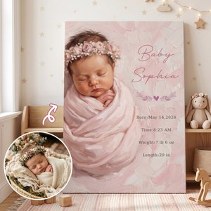 Stampa su tela personalizzata, con foto di neonato in stile ritratto a olio, titolo e nome - Regalo di nascita e compleanno per neonati