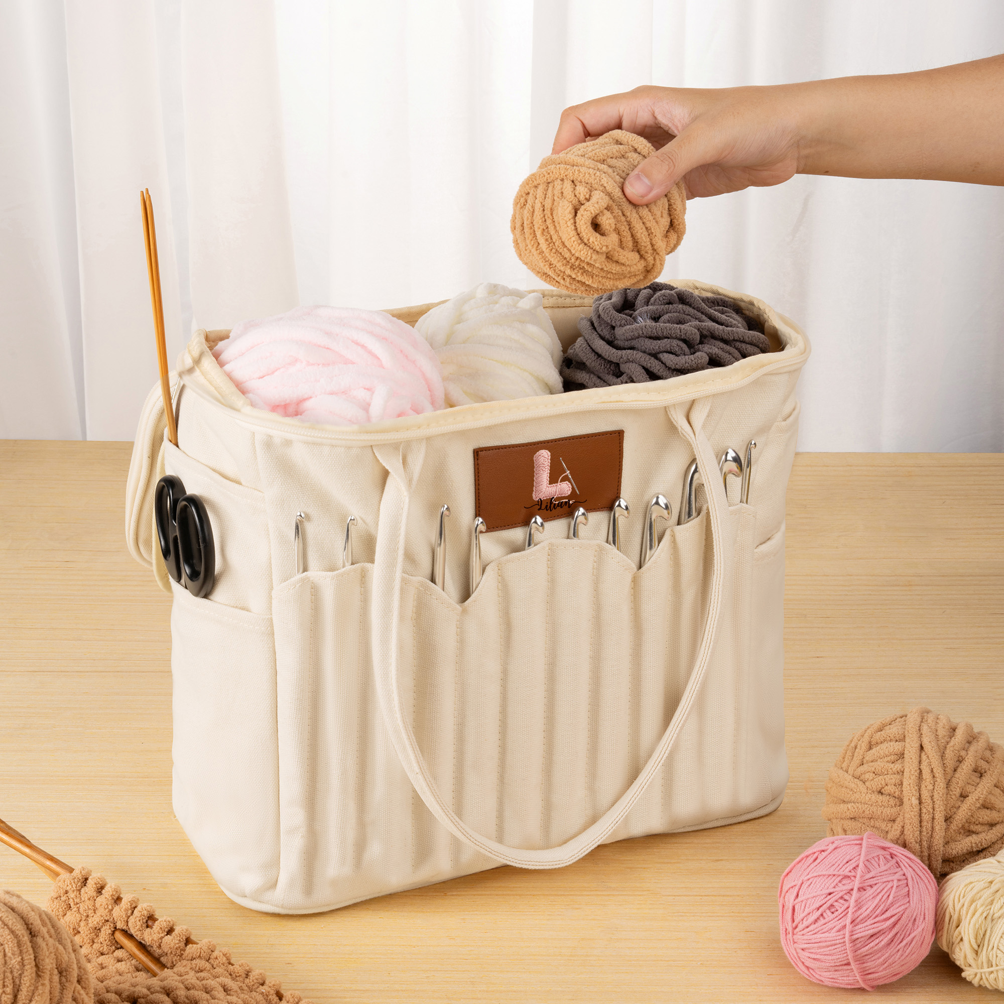 Personalisierte Strick-Buchstaben – Große Aufbewahrungstasche aus Canvas mit Namen und Nadel-Tasche – Accessoires – Geburtstagsgeschenk für strickbegeisterte Mütter und Großmütter