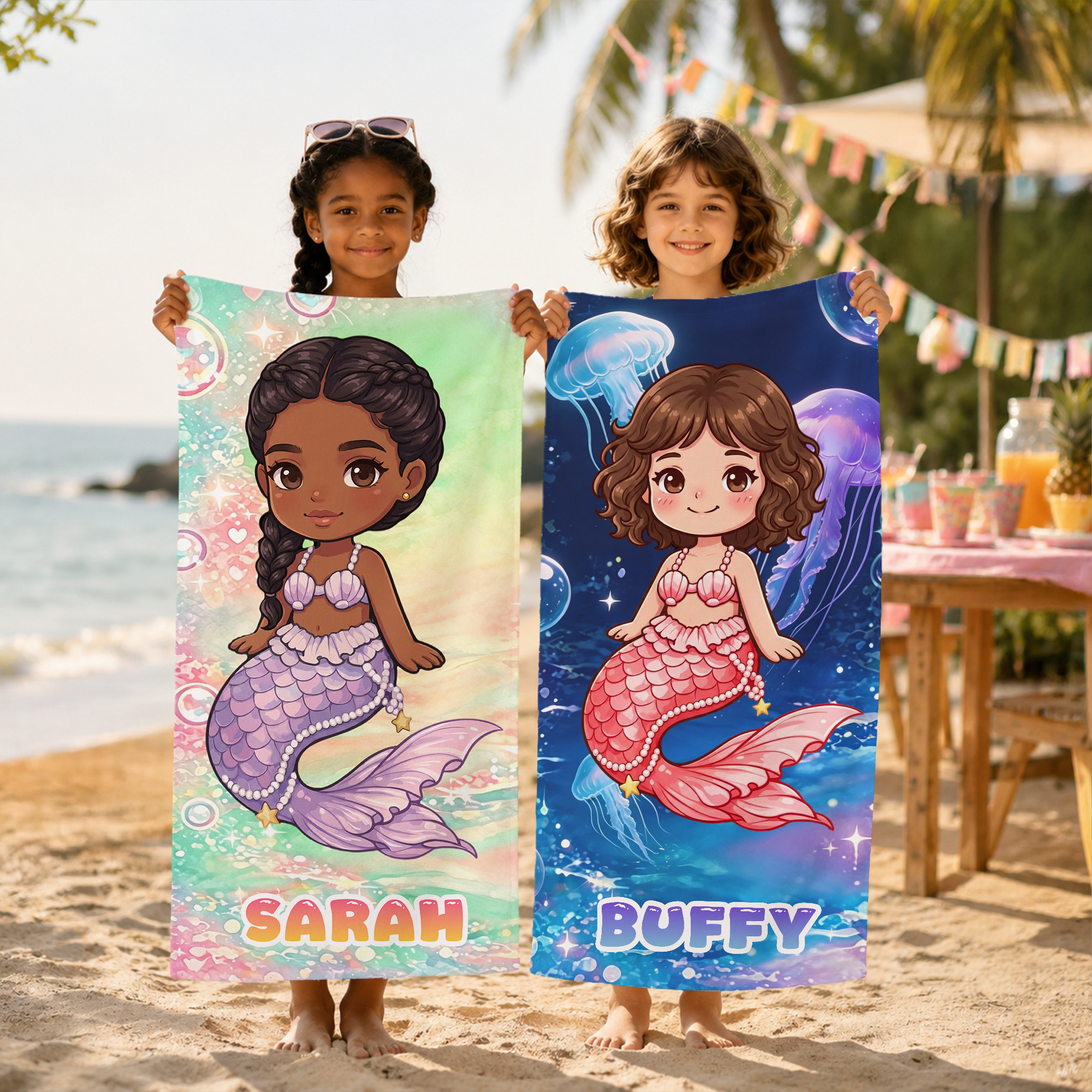 Individuell gestaltetes Strandtuch mit Cartoon-Motiv „Fantasie-Meerjungfrau“ – weich, schnell trocknend, mit Namen – Sommerurlaub, Party, Geburtstagsgeschenk für Mädchen