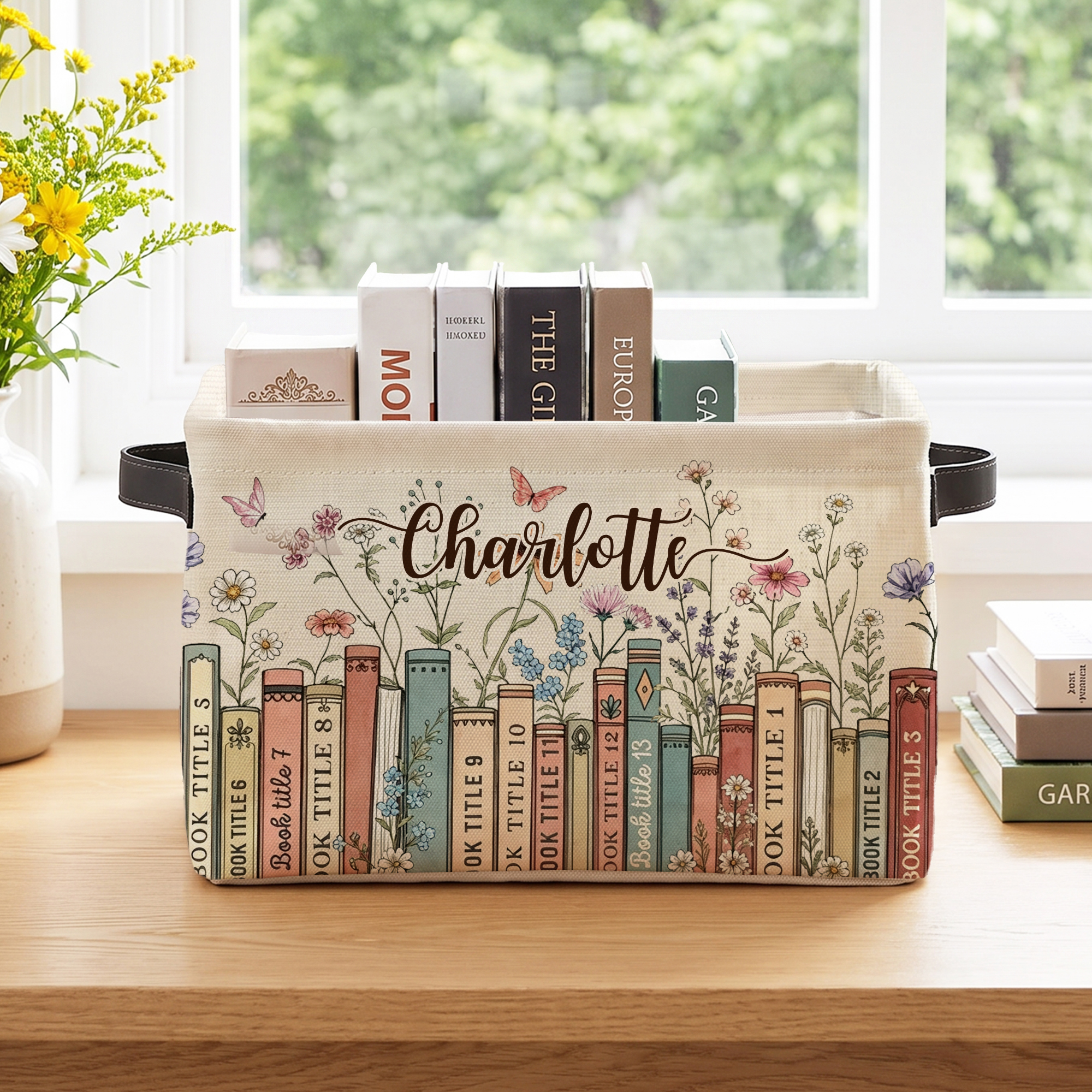 Individuell gestalteter Aufbewahrungskorb mit großem Fassungsvermögen, Buchmotiv, Schmetterlingsmuster und Blumenmuster, mit Henkel – Wohnaccessoire für den täglichen Gebrauch, Geburtstagsgeschenk für