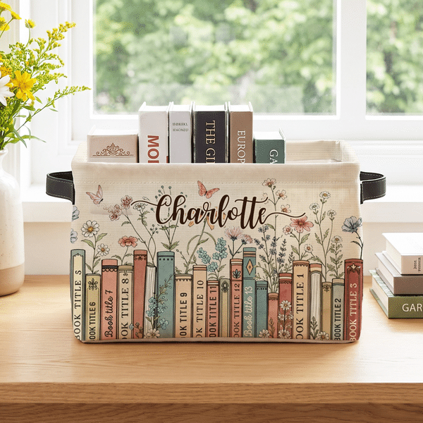 Personalised Butterfly Book Pattern Floral Storage Basket with Name and Handle Home Decor Daily Use Birthday Gift for Bookworms Book Lovers