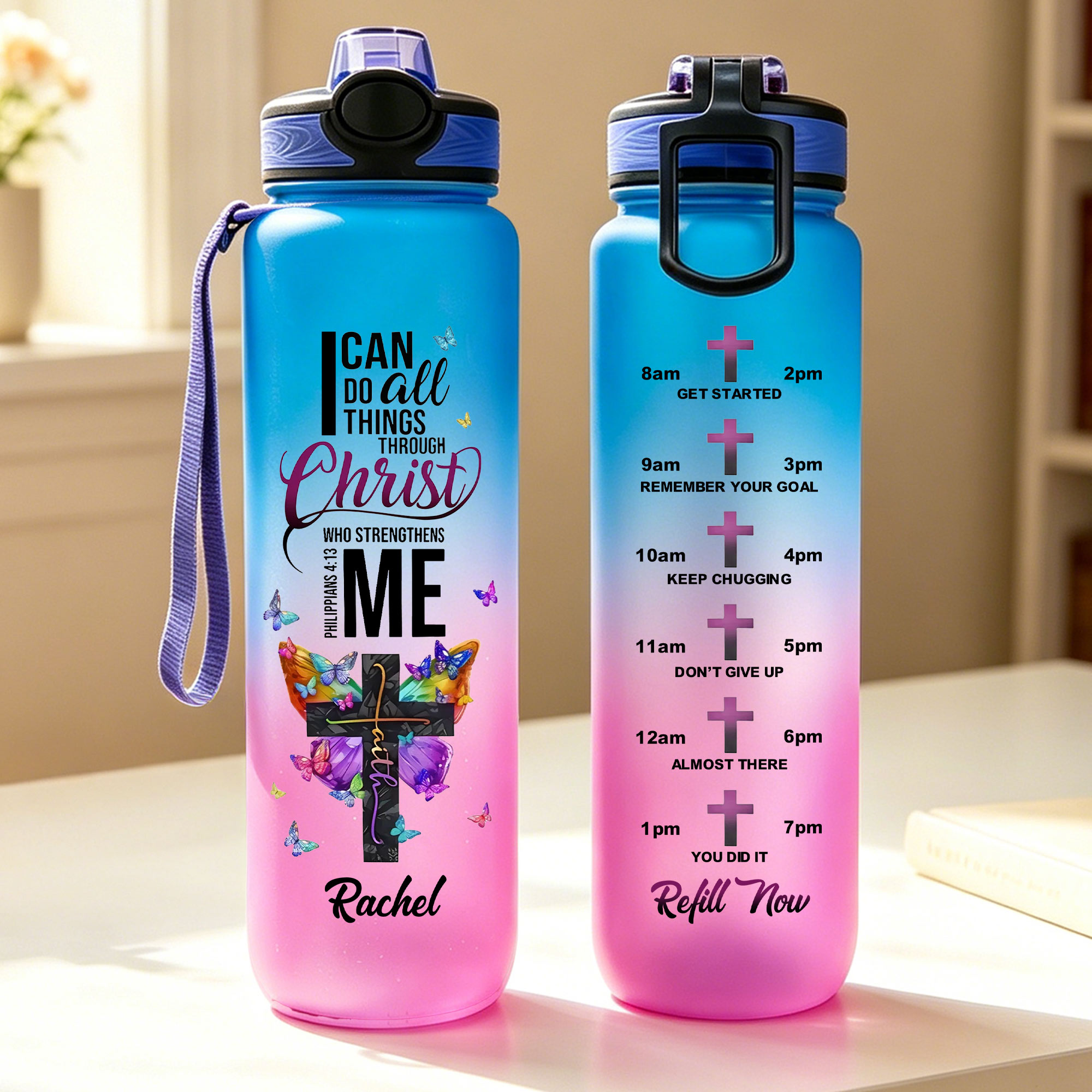 Personalisierte 32-oz-Wasserflasche mit Schmetterlingskreuz und der Aufschrift „I Can Do All Things Through Christ“ sowie Namenszug – religiöses Taufgeschenk für Christen
