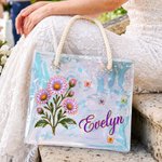 Personalized Birth Flower Butterfly Holographic Clear Tote Bag with Name Travel Accessories Bachelorette Party Wedding Gift for Brides Women