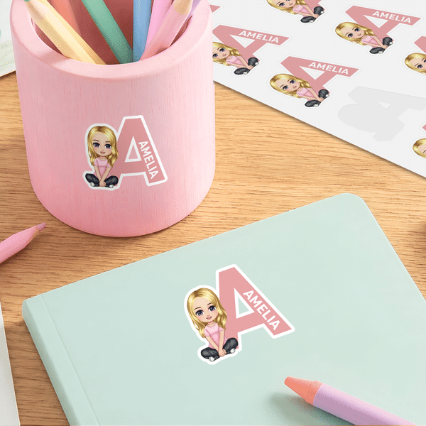 Personalized Cute Cartoon Character Waterproof Labels Stickers with Initial and Name Daily Use Birthday Back to School Gift for Kids Students