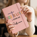 Personalised Cross God Is Love Be the Light Bible Verse A5 PU Leather Notebook with Name Religious Baptism Birthday Gift for Christian
