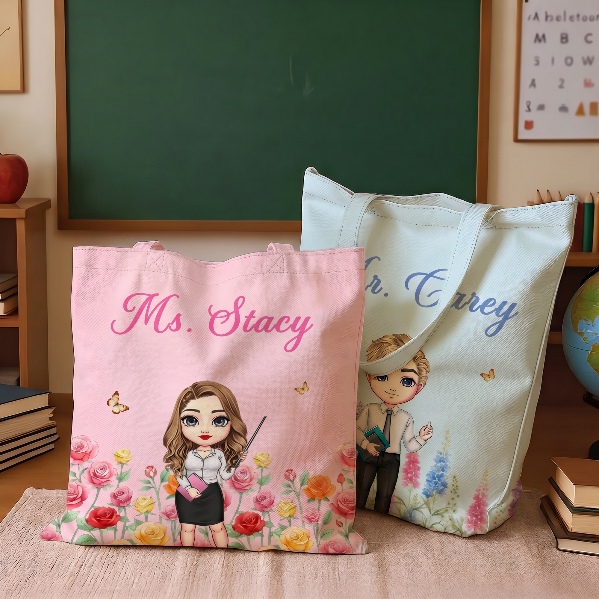 Personalisierte Canvas-Tragetasche mit Cartoon-Lehrerfigur und Geburtsblume, mit Vor- und Nachnamen – Dankeschön-Geschenk zum Schulanfang und zum Lehrertag für Lehrer