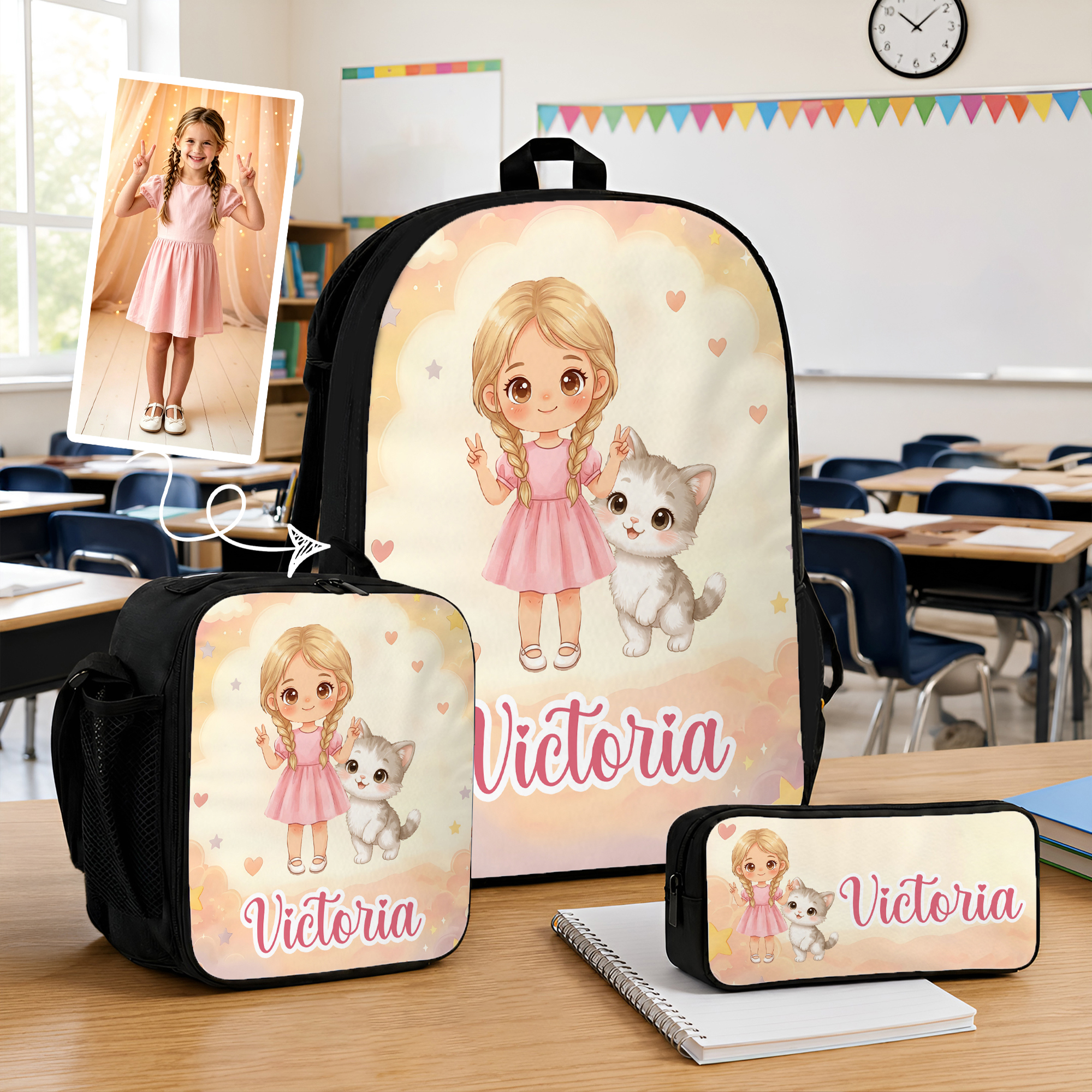 Individuell gestalteter Rucksack mit Cartoon-Figur, Tiermotiv und Fächertasche – Lunchbag mit Namensaufdruck – Geschenk zum Schulanfang für Kinder und Schüler