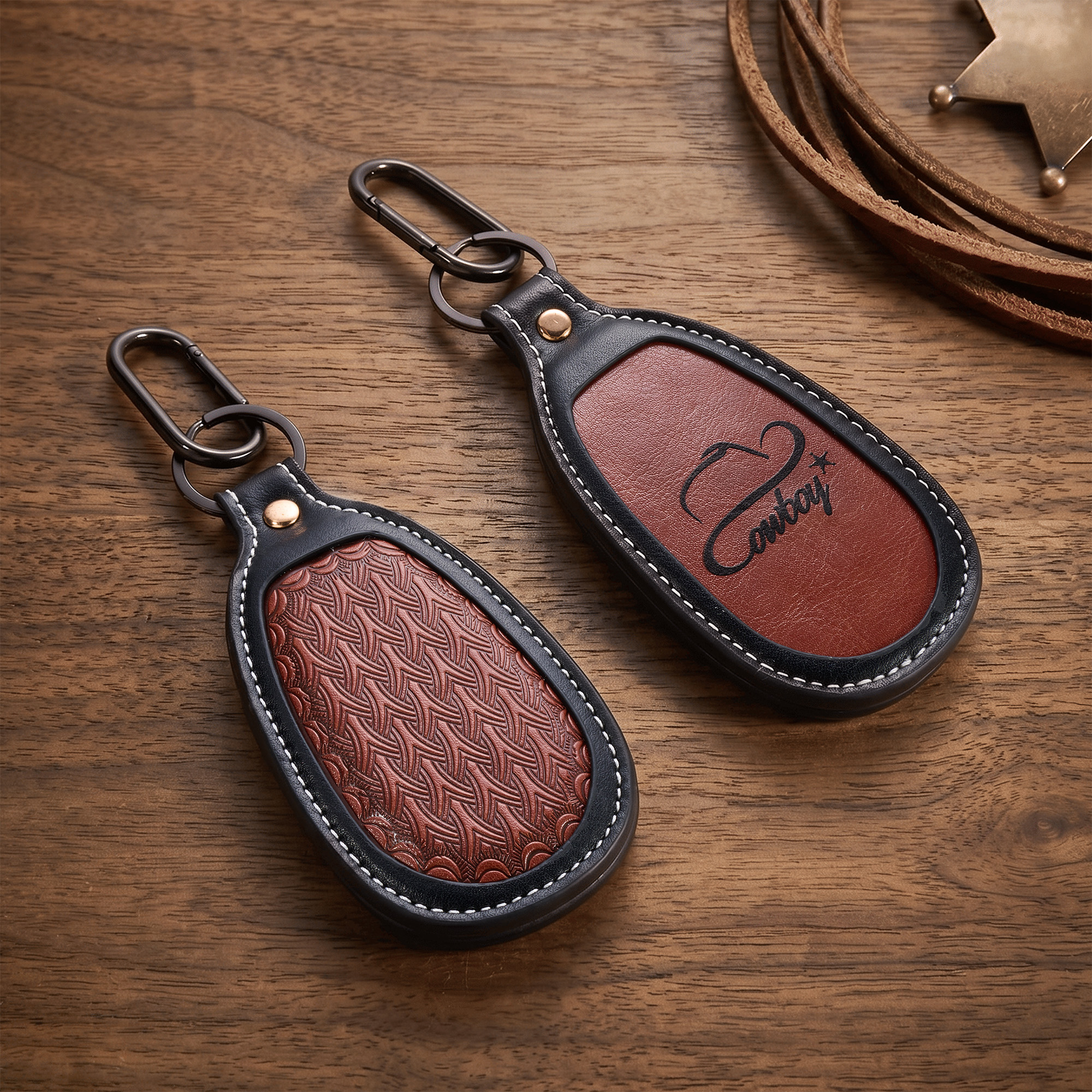 Personalisierter Clip für Cowboyhüte im Retro-Western-Stil aus PU-Leder mit Magnetverschluss, mit Text oder Foto – Reiseaccessoire und Geburtstagsgeschenk für Cowboys