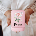Personalised Birth Flower PU Leather Jewellery Box with Name and LED Light Makeup Mirror Daily Use Travel Birthday Anniversary Gift for Women