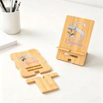Personalised Pearl Effect Birth Flower Initial Rectangle Wavy Wooden Phone Holder with Name Desk Decor Birthday Gift for Women