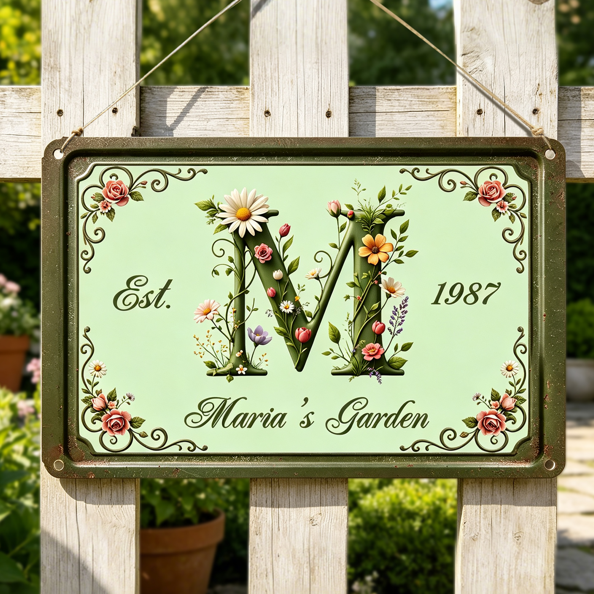 Personalisiertes Blumen-Buchstaben-Schild im Retro-Stil aus Weißblech zum Aufhängen mit Text und Jahreszahl – Gartendekoration für den Außenbereich, Geburtstagsgeschenk für Familie und Freunde