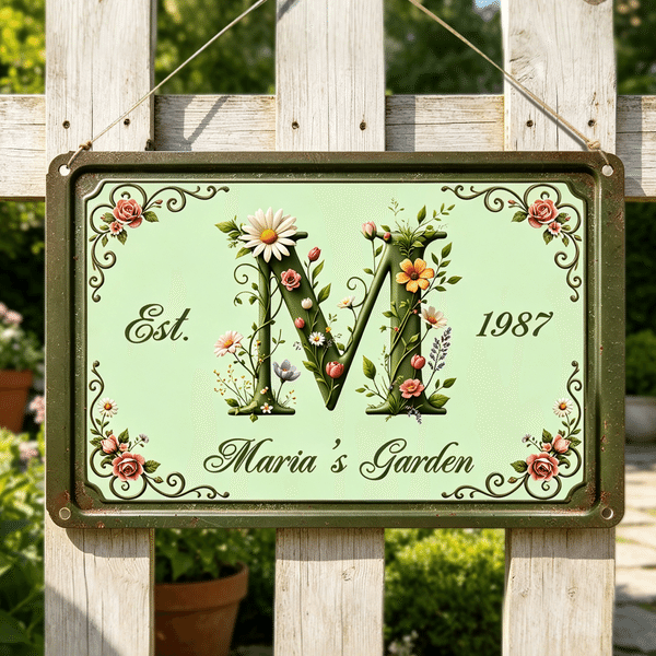 Personalised Floral Letter Number Retro Tinplate Hanging Sign with Text and Year Garden Outdoor Decoration Birthday Gift for Family Friends