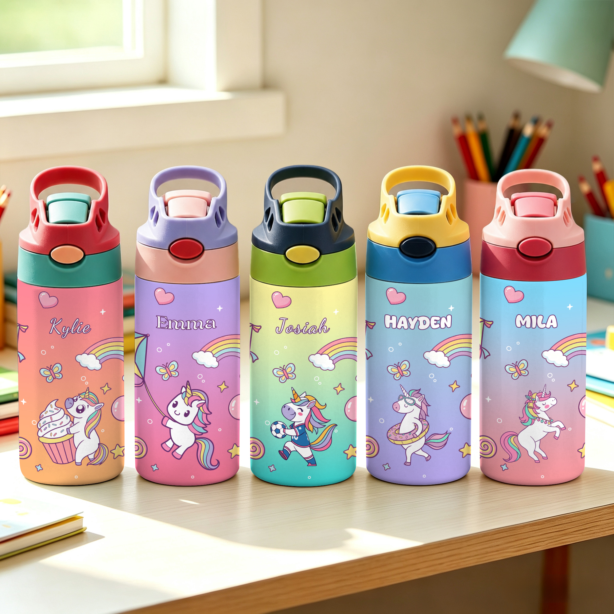 Personalisierte isolierte Trinkflasche mit Fantasy-Einhorn und Namen | 355 ml | für täglichen Gebrauch Schulanfang Geburtstag Geschenk für Kinder
