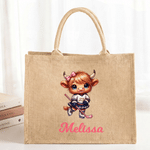 Personalised Sports Highland Cow Large Jute Tote Bag with Name Birthday Anniversary Gift for Highland Cow Lovers Sports Lovers