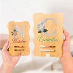 Personalised Pearl Effect Birth Flower Initial Rectangle Wavy Wooden Phone Holder with Name Desk Decor Birthday Gift for Women