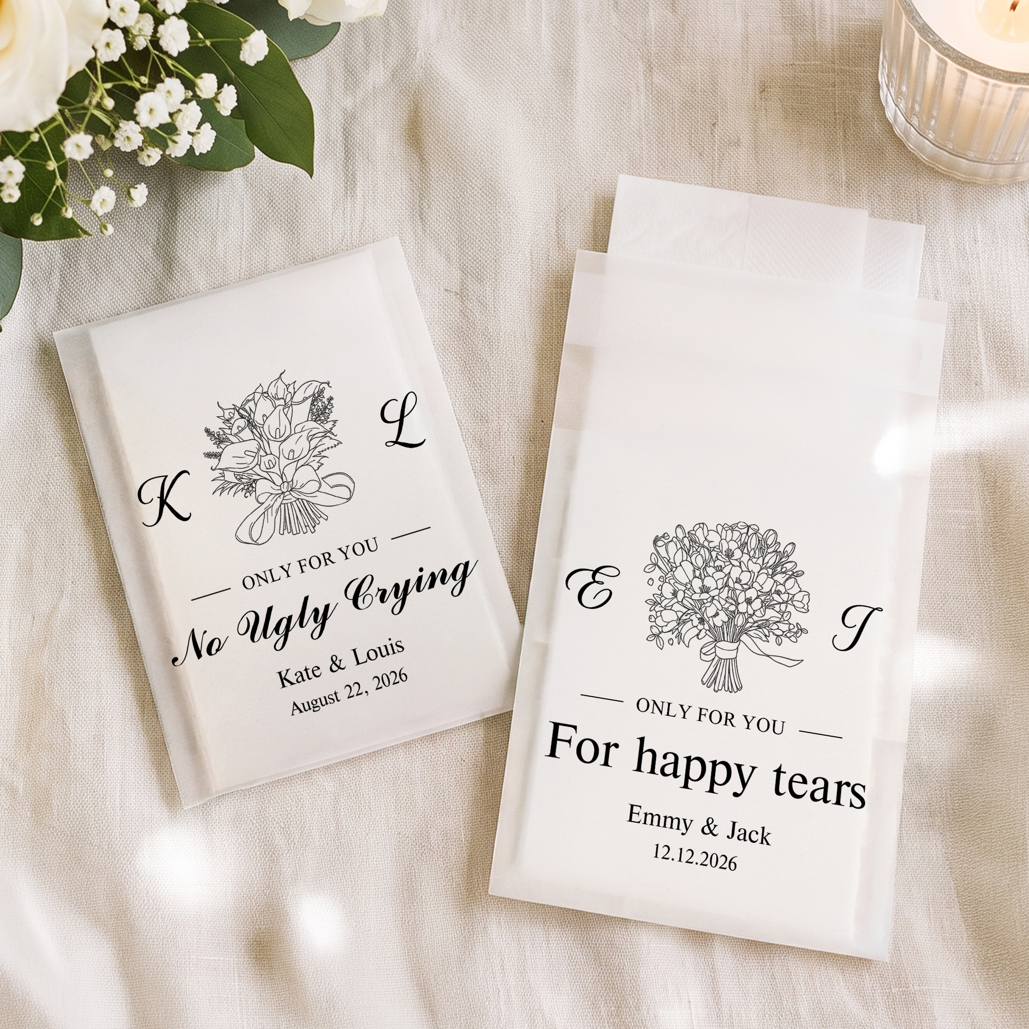 Personalisierte Schwarz-Weiß-Strichzeichnungen: Hochzeitsstrauß-Seidenpapier-Päckchen, 10er-Set mit den Namen des Paares – Hochzeitsgeschenke, Partygeschenke für Gäste, Hochzeitsplaner