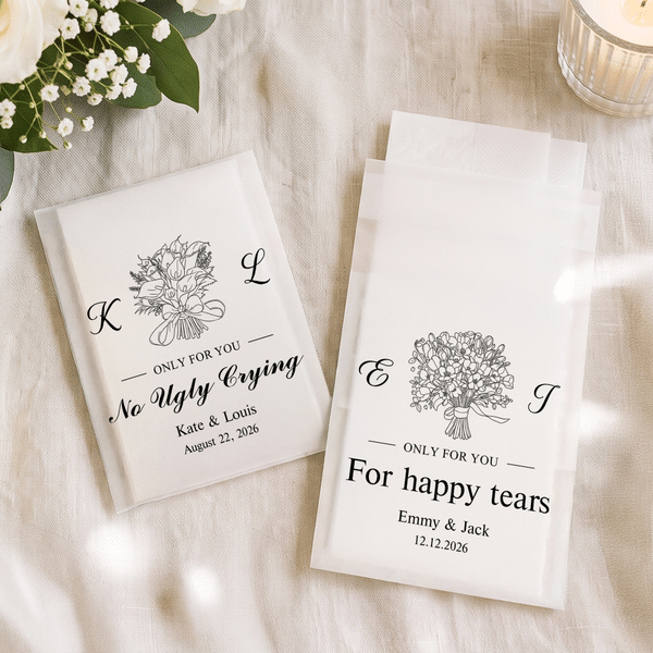 Personalized Black and White Line-Art Wedding Bouquet Tissue Packs Set of 10 with Couple Names Wedding Favors Party Gift for Guest Wedding Planner