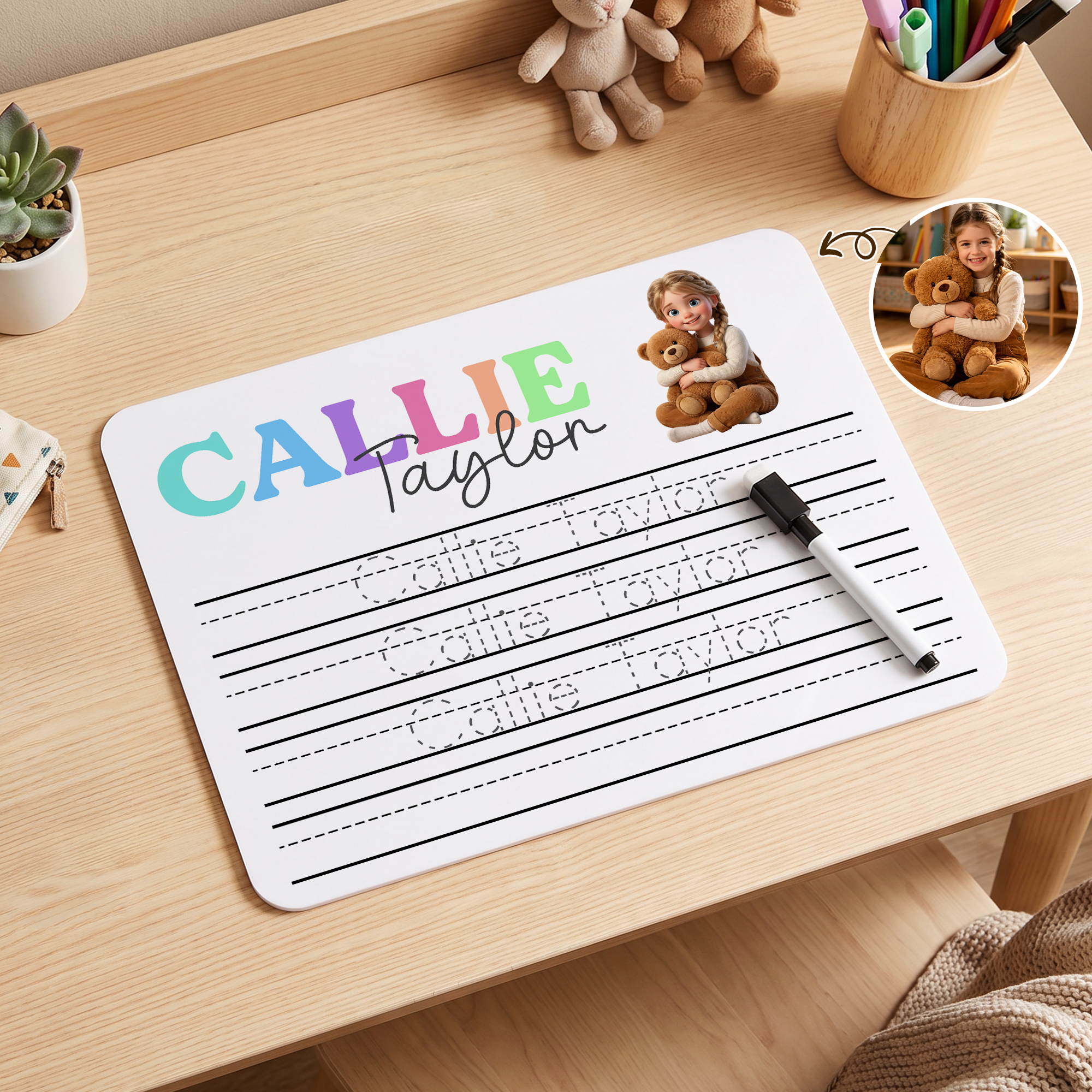 Personalisierte, wiederverwendbare Acryl-Schreibtafel mit Cartoon-Motiv zum Nachzeichnen von Namen für die ersten Schreibübungen, mit trocken abwischbarem Stift – Lern- und Lehrhilfe, Geburtstagsgesch